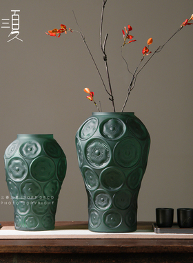禅意新中式复古墨绿花瓶插花高级C感客厅电视柜台面摆件茶室装饰
