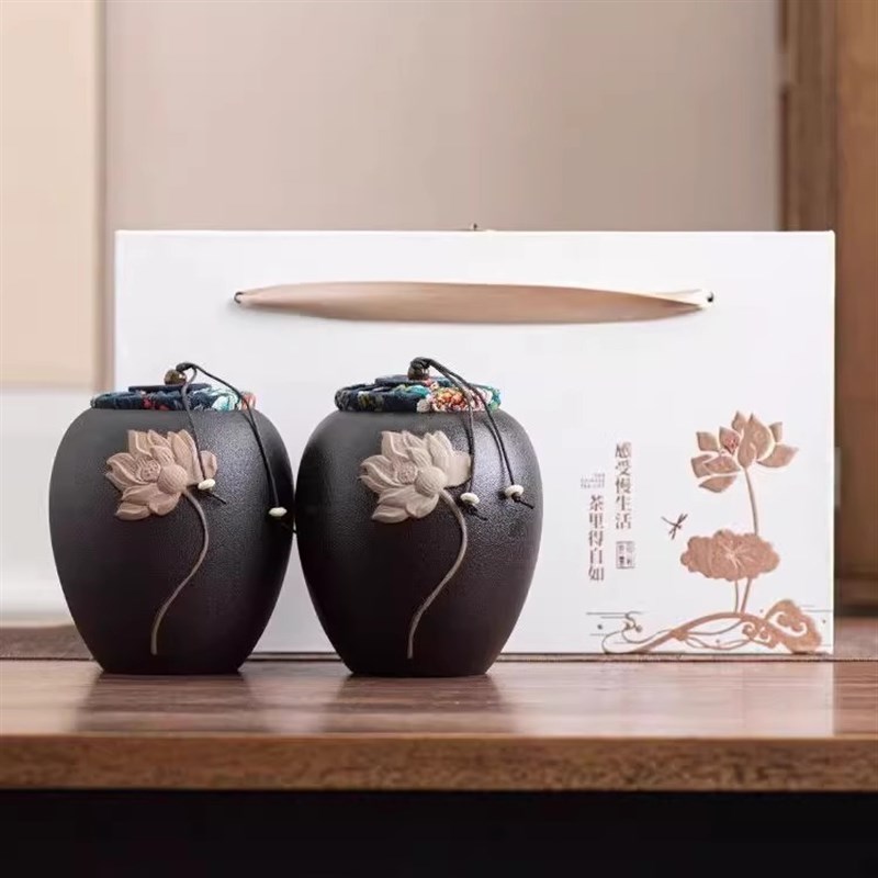 中式储茶好器立体j浮雕粗陶莲韵茶叶罐大容量密封防潮储茶罐储物