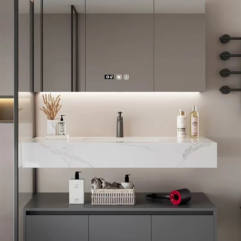 轻奢一体式岩板洗漱台面浴室柜卫生F间智能镜柜洗手洗脸台盆柜组