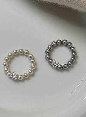 锆石珍珠a串珠弹力戒指女法式复古轻奢优雅高级简约个性指环戒子