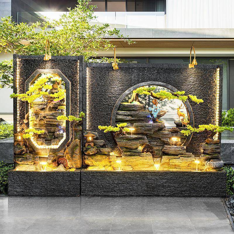 欧式水幕墙流水屏风水轮隔断喷泉摆件大型落地招财假山养鱼池水景