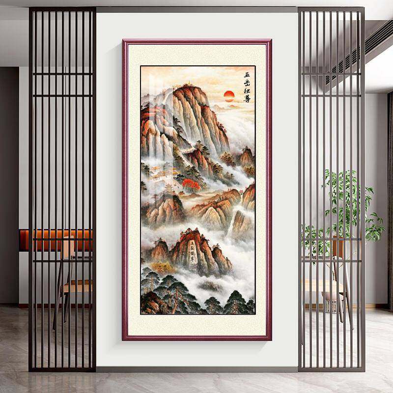 聚宝盆山水国画走廊入户玄关过道挂画竖版办公室装饰画客厅靠山图