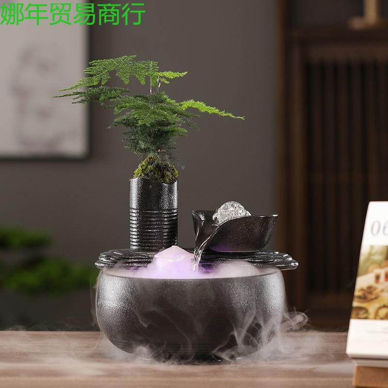 新中式陶瓷流水摆件小型循环水鱼缸造景桌面水景观装饰玄关加湿器