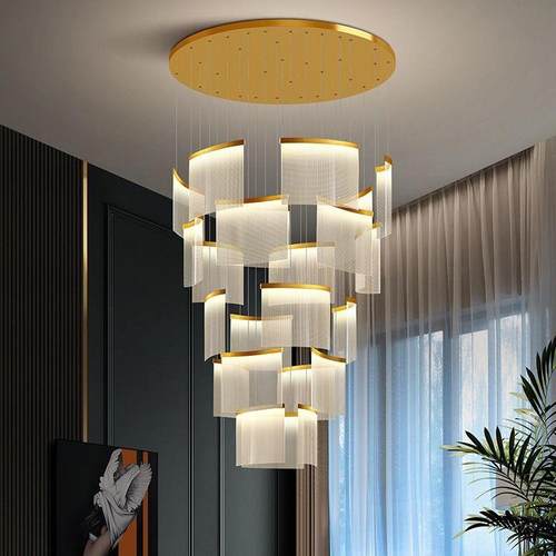 复式楼大吊灯客厅大气轻奢现代挑空挑高别墅大厅中空楼中楼梯吊灯