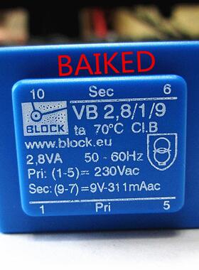 VB2,8/1/9 Pri:1-5=230Vac Sec: 9-7=9V-31 1mAac VB2.8 变压器