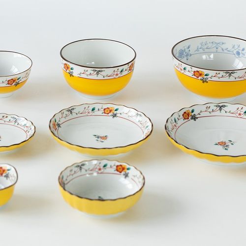日本进口美浓烧黄彩樱花陶瓷餐具饭碗菜盘子面碗蘸料碟日式碗盘子
