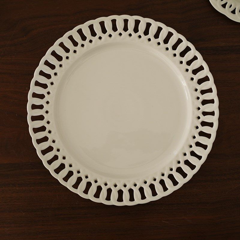 高颜值 出口北欧人工镂空陶瓷大小西餐盘 百搭蕾丝边点心盘牛排盘