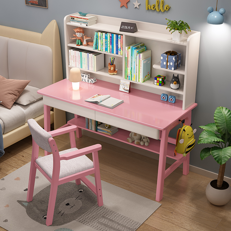 儿童学习桌全实木书桌书架书柜一体简约笔记本电脑桌小学生写字桌