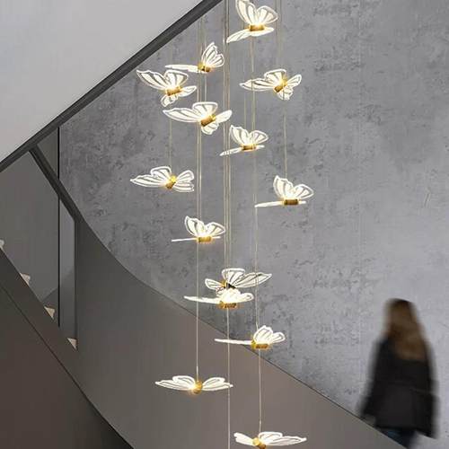 复式楼旋转楼梯长吊灯客厅中空别墅简约后现代酒店蝴蝶水晶吊灯