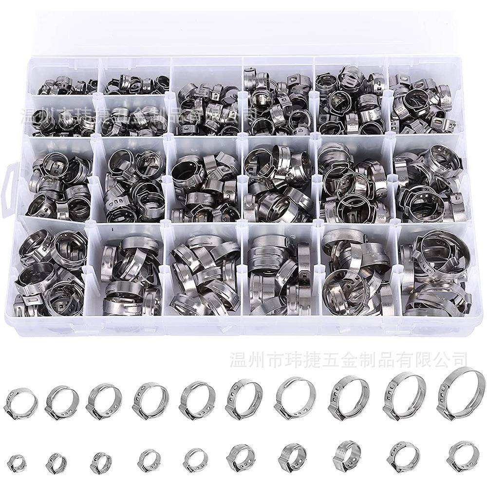 420PCS盒装单耳环箍不锈钢卡箍密封管夹20种规格单耳无极弹性箍圈