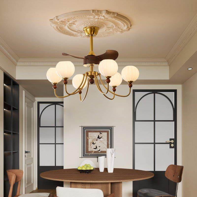 实木风扇灯法式奶油风吊灯中古风餐厅吊扇灯复古主卧餐厅玻璃吊灯