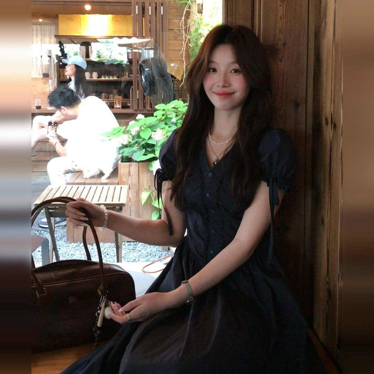 韩系蕾丝花边v领短袖连衣裙子女连衣裙