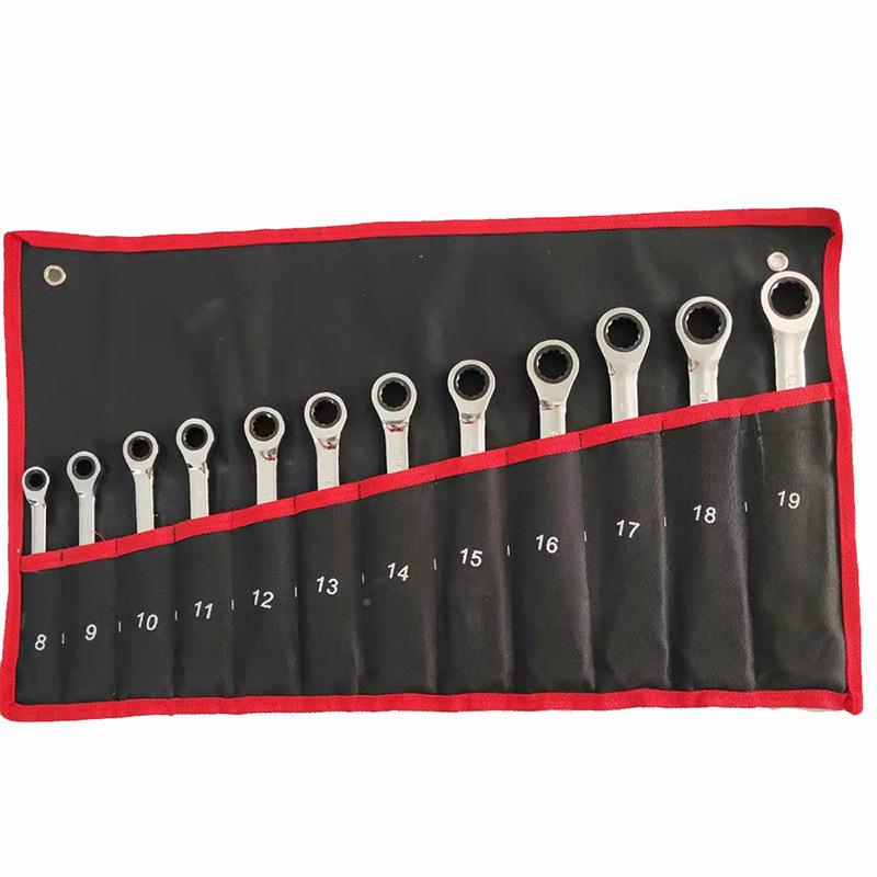 12PC两用棘轮用扳手7机2齿动头套装活修汽两EUL修工具帆布挂袋组