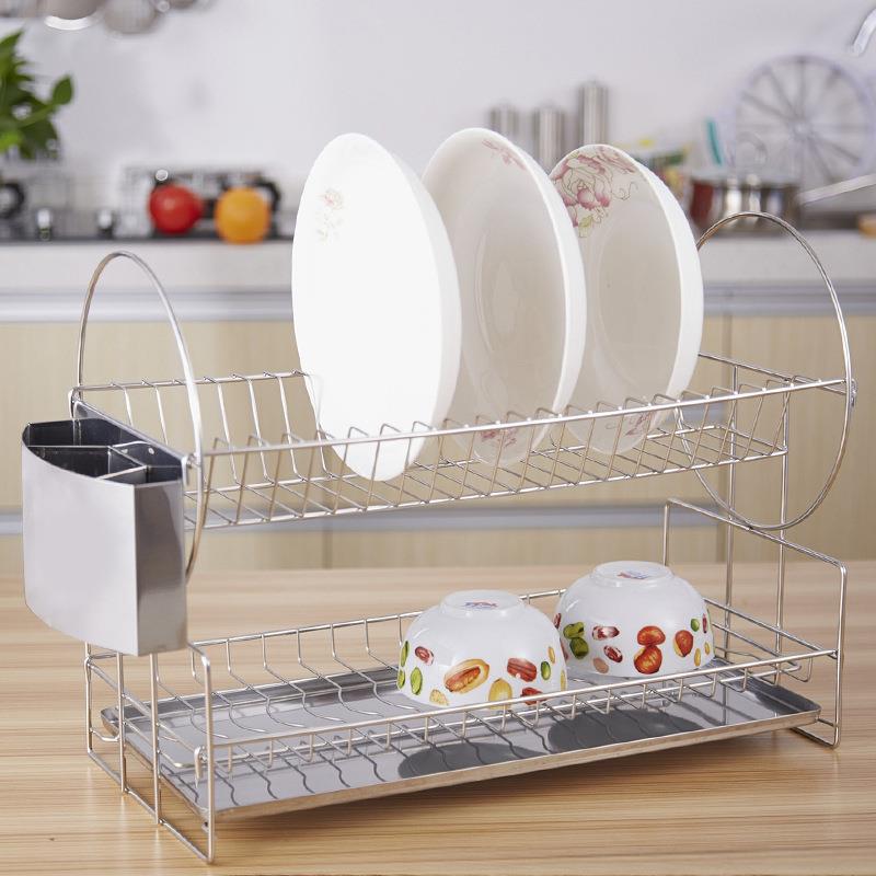 不锈钢厨房置物架家用台面碗架沥水架日式多功能双层碗碟架带筷笼
