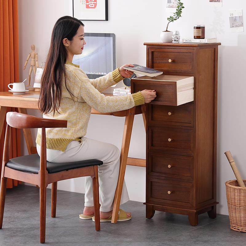 L7实木五斗柜收纳柜卧室抽屉式美式复古柜子靠墙客厅边柜储物柜窄