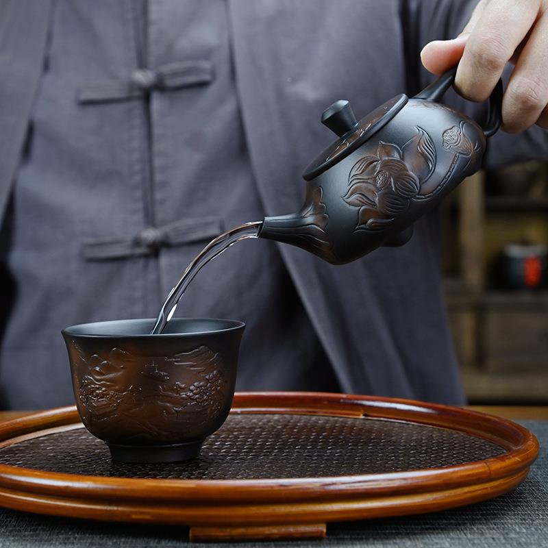 荷复古GT015紫陶韵单壶泡茶壶纯手工功壶夫茶家用办公具浮雕紫砂
