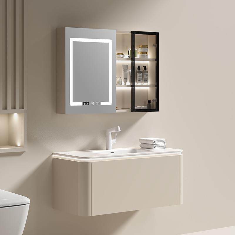奶白色圆弧镜浴室柜体智能柜组合生间浴室一陶瓷盆465卫挂墙收纳