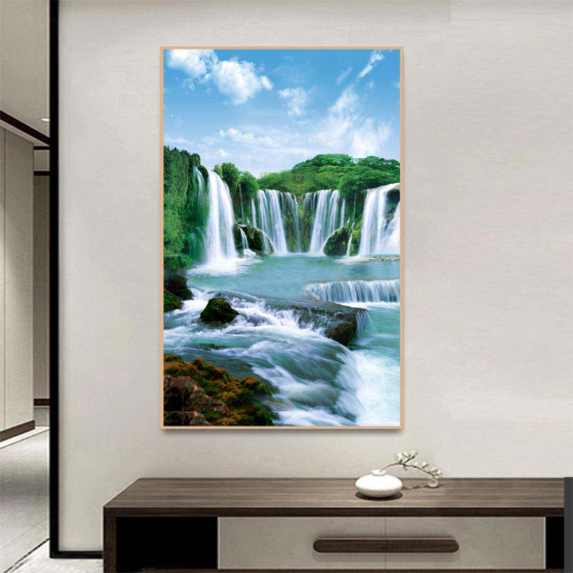 流水生财黄果树瀑布ZVU聚宝盆厅玄风景画客走廊道关过装饰晶瓷框