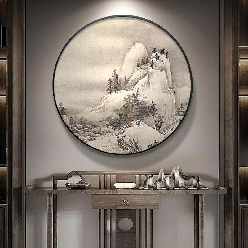 圆形山水装饰画新中式餐厅风景挂画饭店茶室玄关走廊水墨画古代风图片