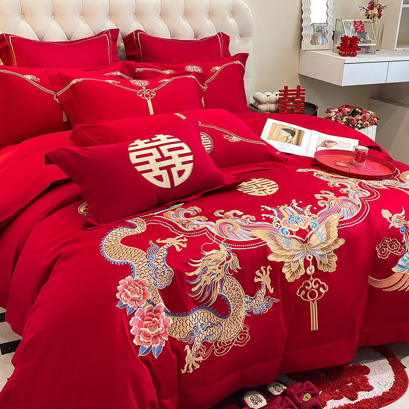 新款大红色结婚龙凤床上用品四件套刺绣百子图女方陪嫁喜被八件套