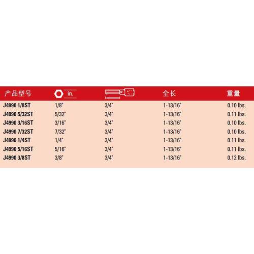3//8方头10M系列J49907/3英制短内角旋具套筒732寸J49907/六3M2ST