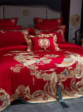 14s贡缎长结婚四件套婚庆hft-55绒棉龙凤红色纯棉套刺绣大红陪0嫁
