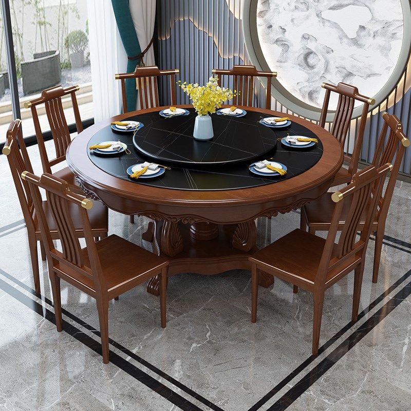 新中式餐桌圆桌全实木桌子椅组合大理石圆形餐厅原装岩板现代简约