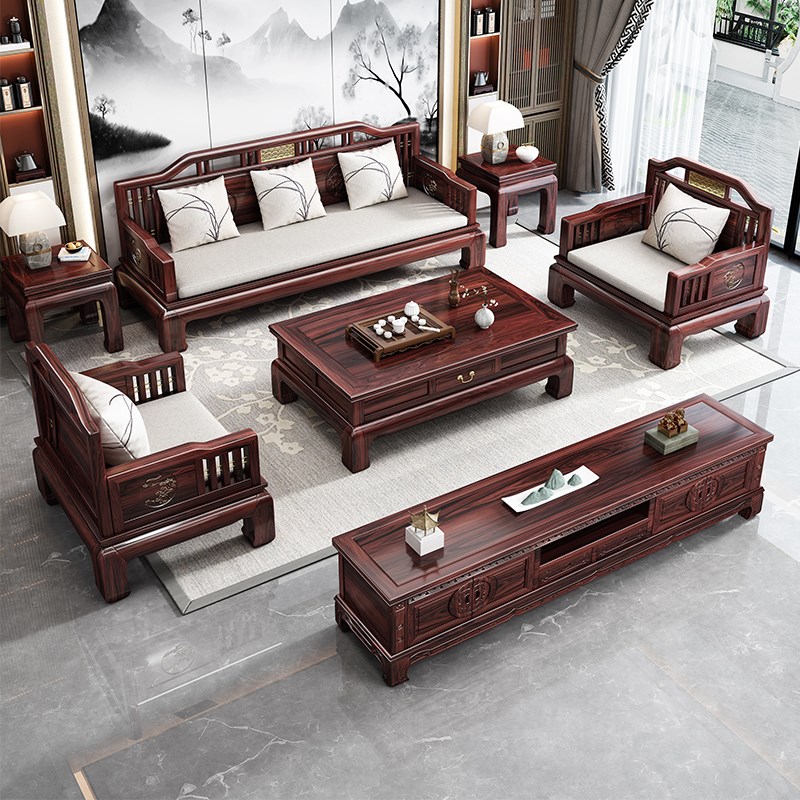 新中式实木沙发组合客厅家用橡胶木三人位冬夏两用大户型沙发家