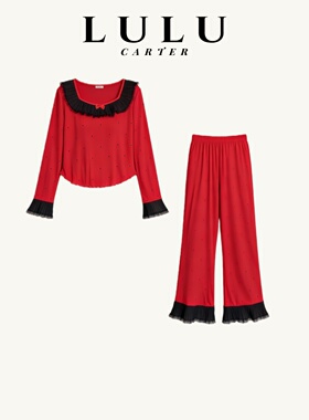 本命年纯棉睡衣女新春婚庆带胸垫波点蕾丝家居服红色送礼高端性感