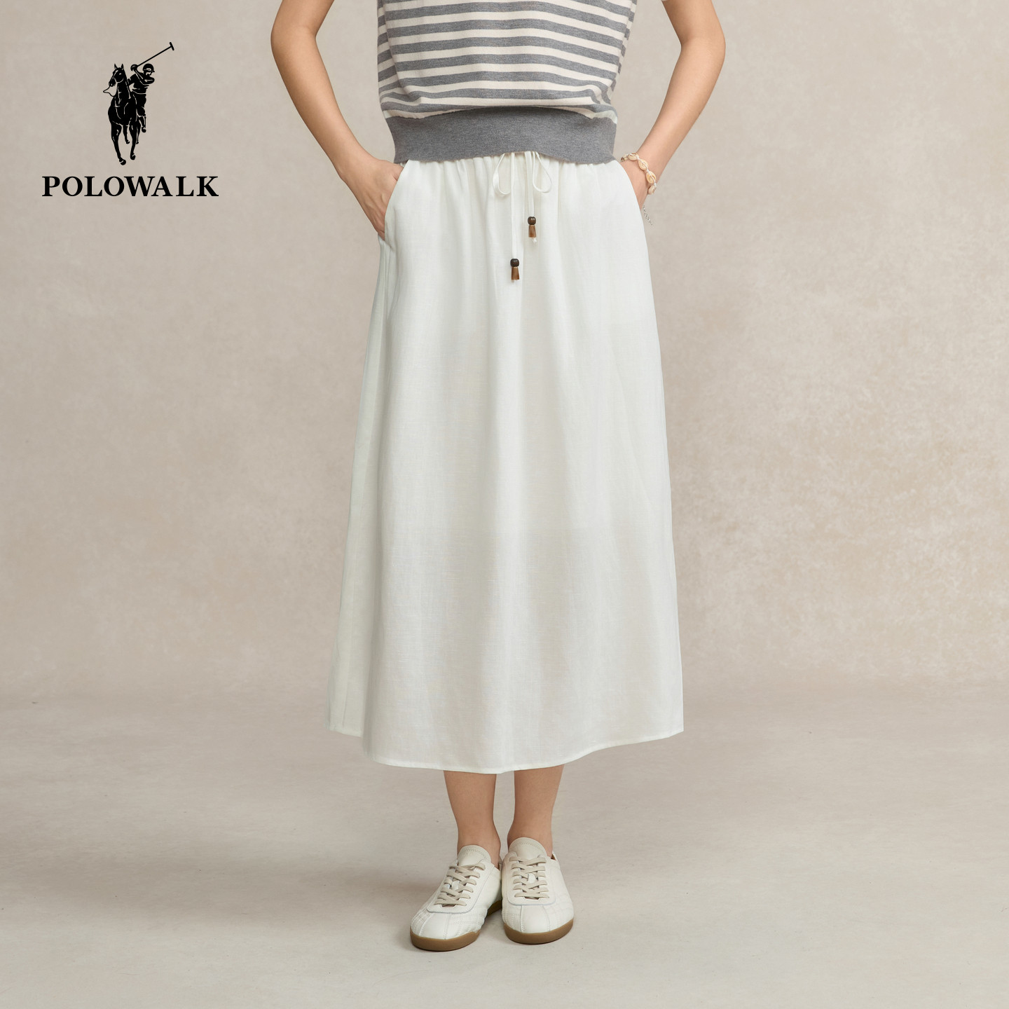 POLOWALK女装2026春夏新款女士半身裙松紧腰直筒亚麻半裙百搭裙子