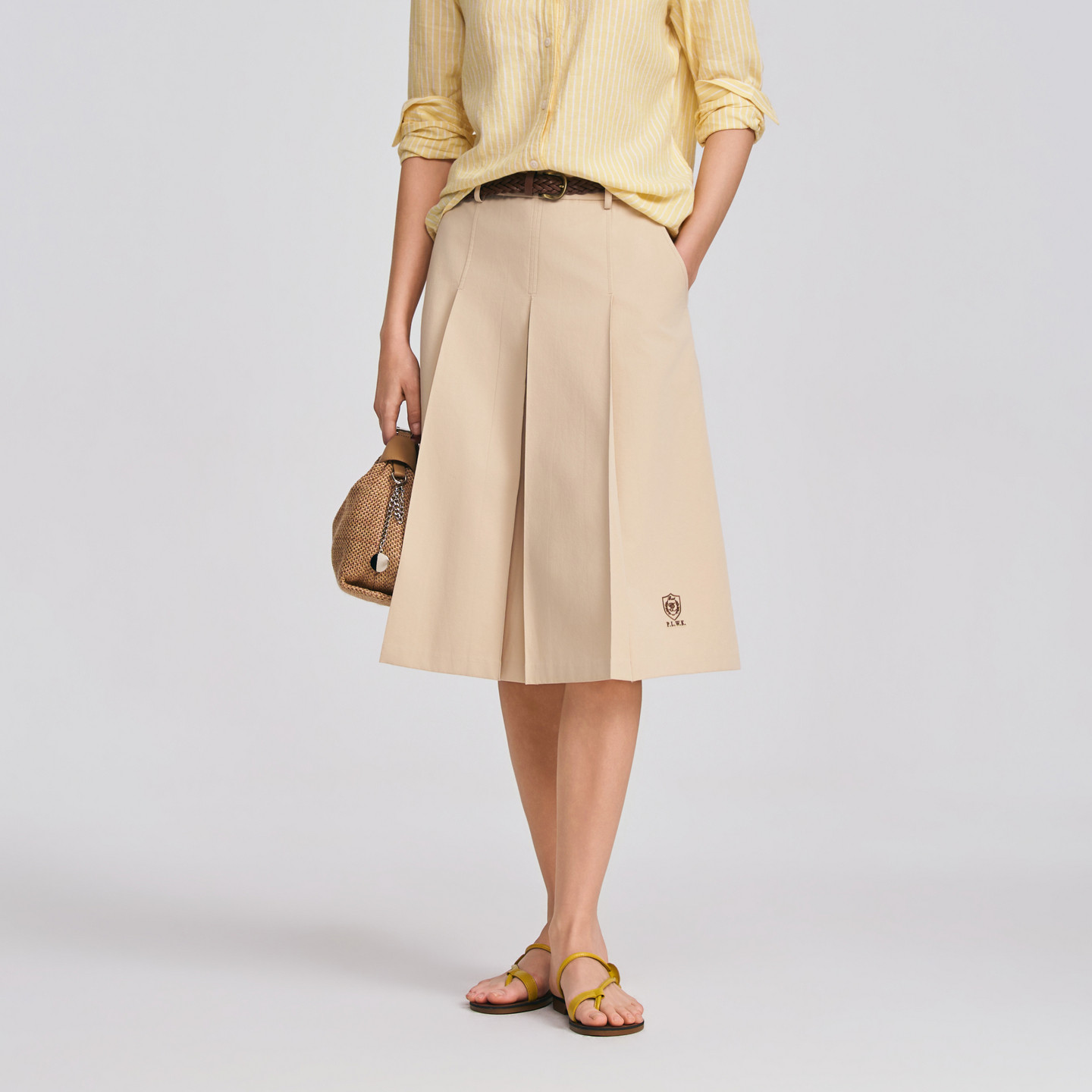 POLOWALK女士半裙2026春夏裤新款学院风编织腰带A字版纯棉半身裙