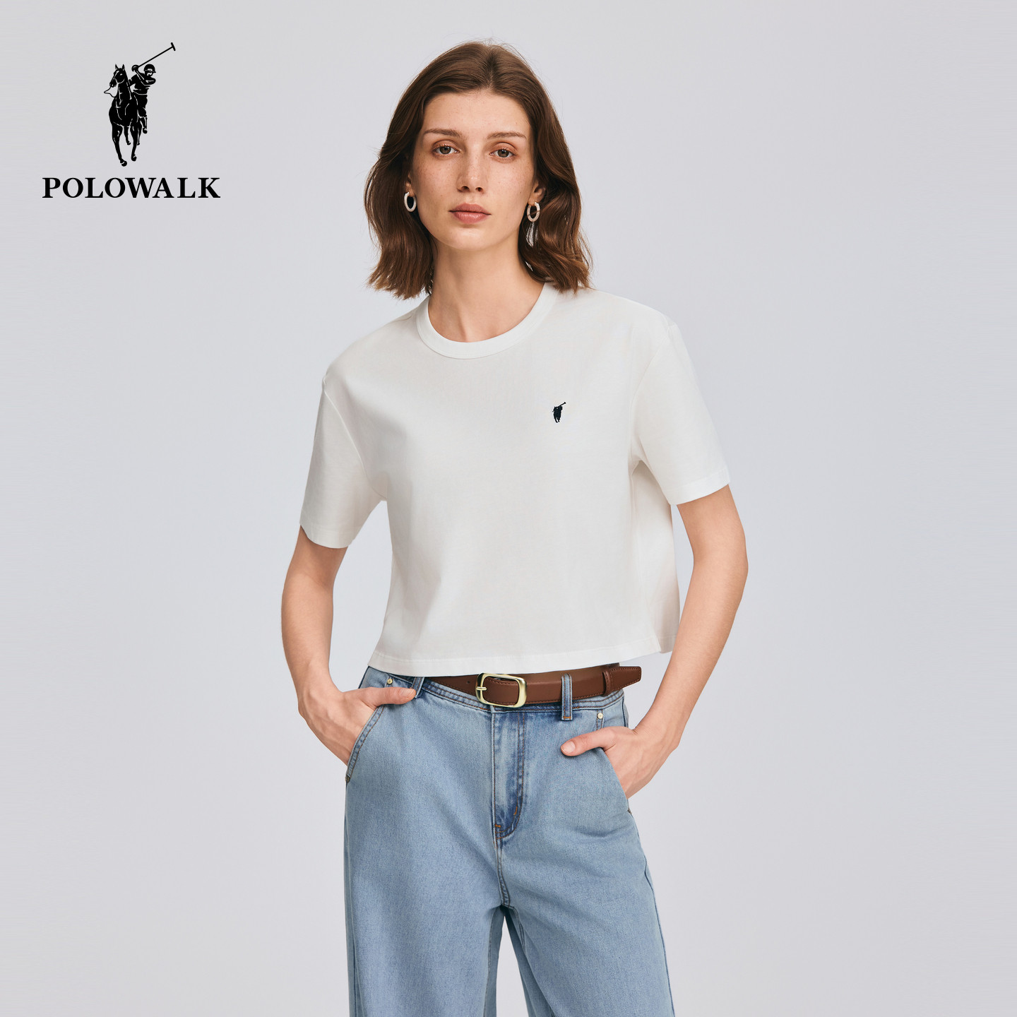 【100%棉】POLOWALK女装2026夏季新款女士短袖圆领宽松白色T恤