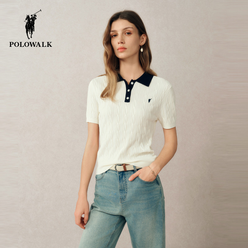 POLOWALK短袖针织衫女士2026夏季新款通勤绞花针织t恤百搭上衣