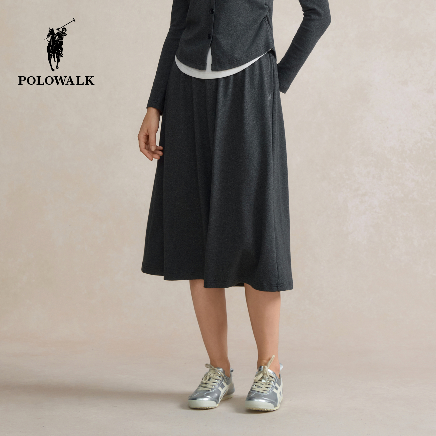 POLOWALK女士半裙2025秋冬新款松紧腰A字版半身裙休闲简约裙子