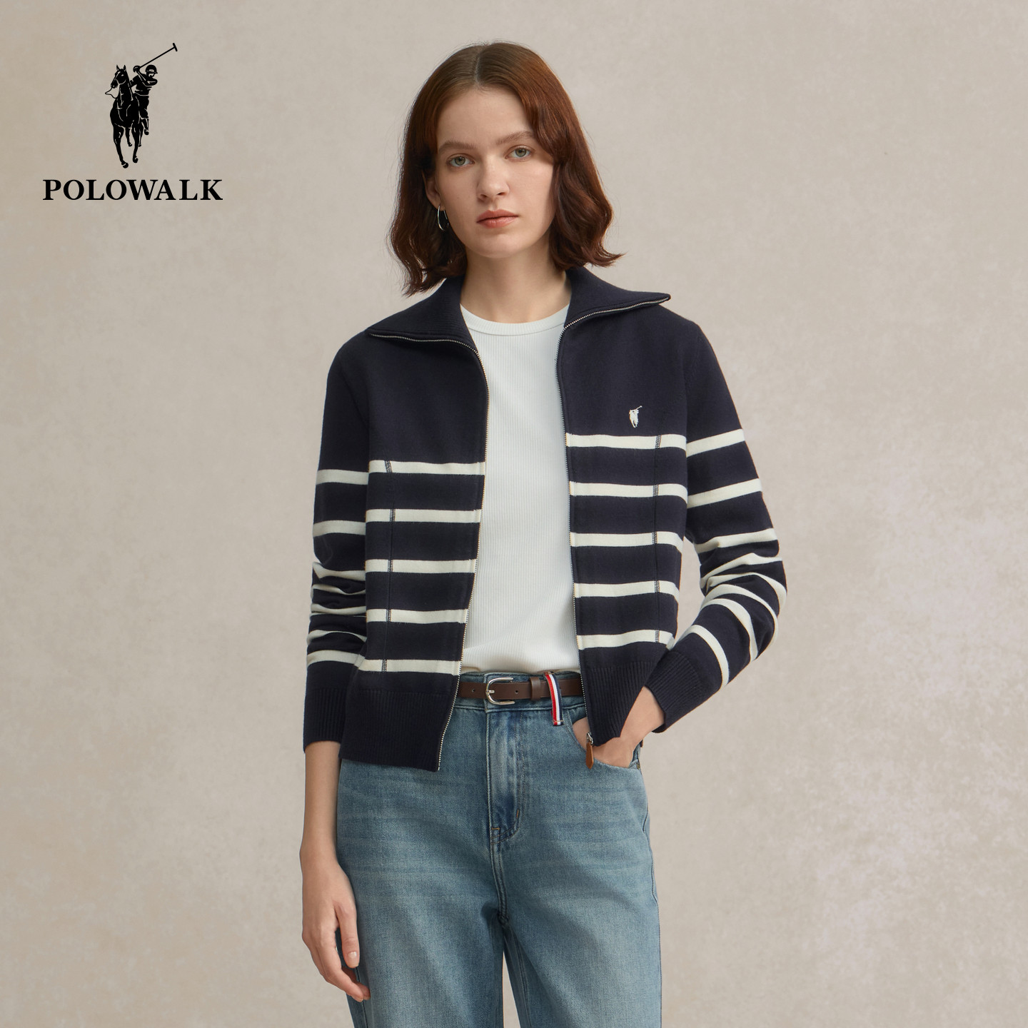 POLOWALK女士长袖针织衫2026春季新款海军领条纹撞色开衫