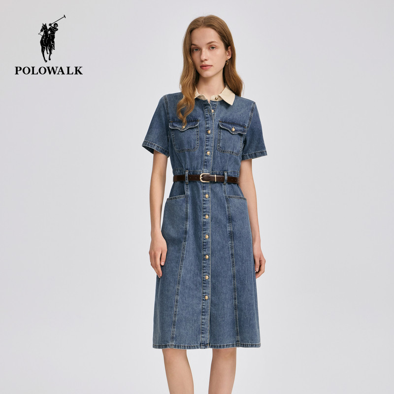 POLOWALK女装2026夏季新款女士短袖连衣裙百搭翻领梭织裙子夏款