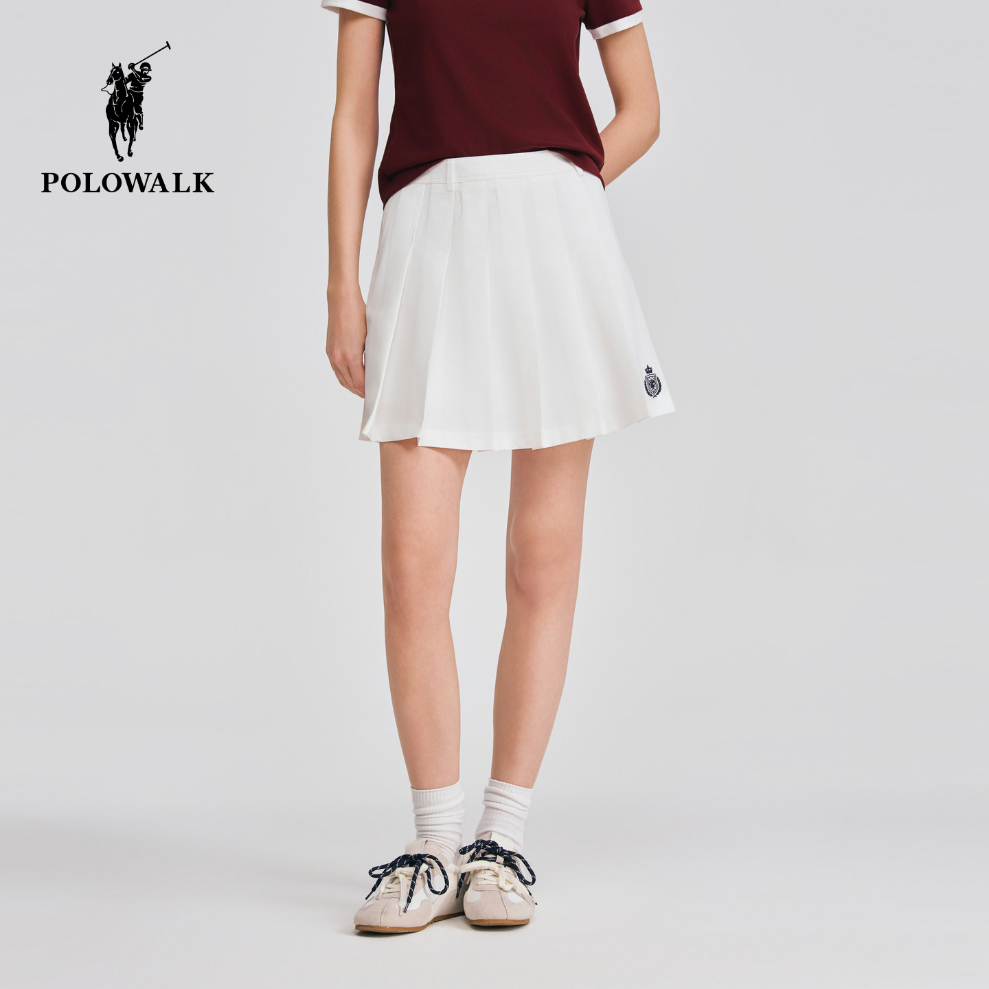 POLOWALK女士半裙2026春夏裤新款经典学院风刺绣百褶裙半身短裙