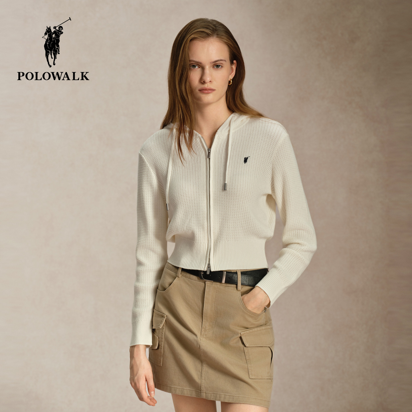 POLOWALK女装白色薄款长袖针织衫
