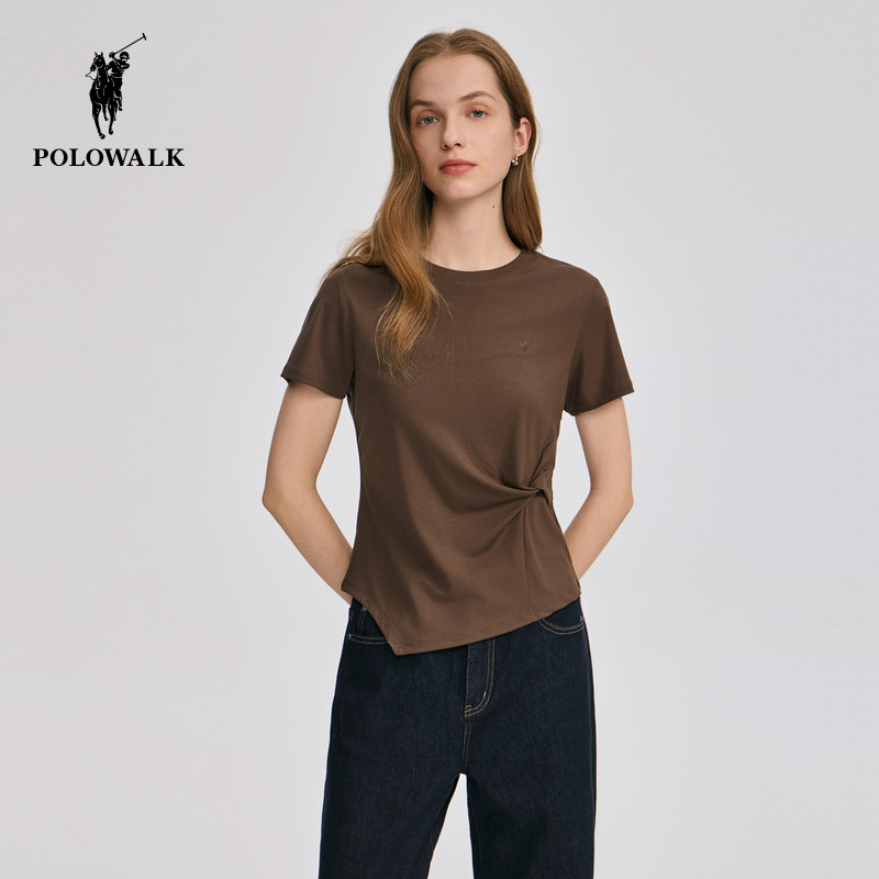 POLOWALK女士短袖圆领T恤2025夏季新款显瘦收腰不规则下摆上衣,女装/女士精品,T恤,淘宝优惠券,粉丝福利购,淘宝优惠卷