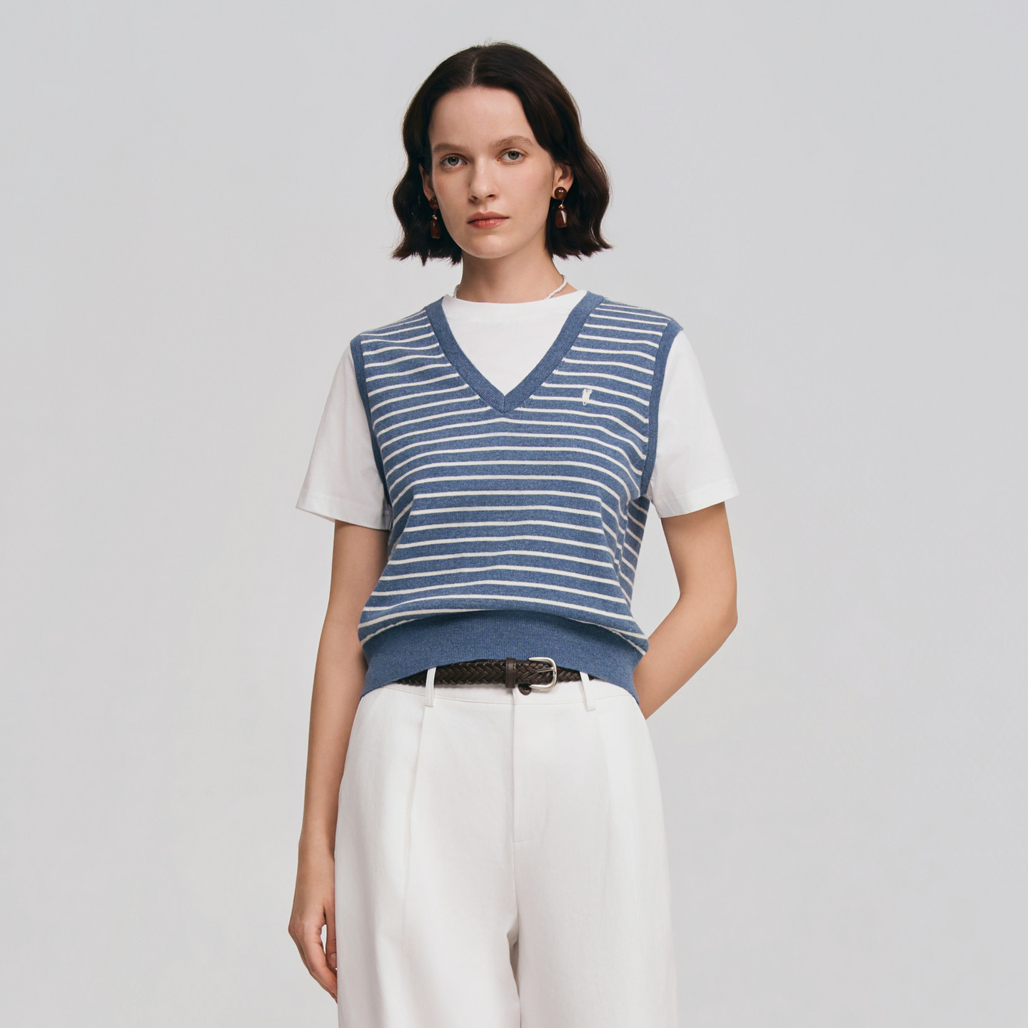 POLOWALK女士短袖针织衫2026春夏新款假两件拼接圆V领条纹T恤上衣