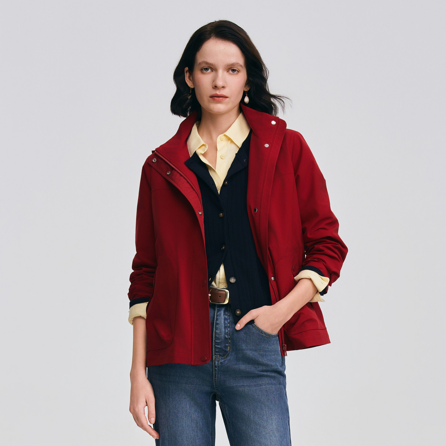 POLOWALK女士外套2026春季新款连帽工装风收腰抽绳红色休闲外套