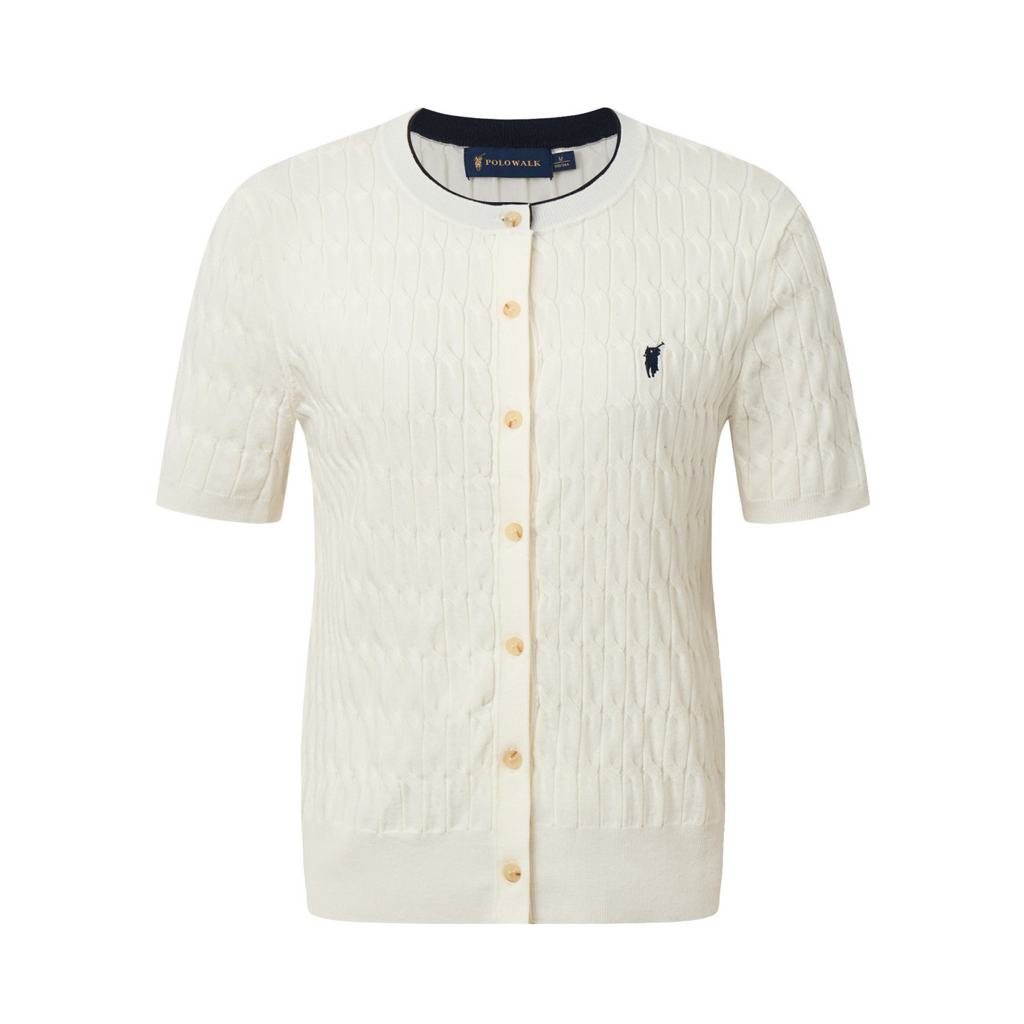 POLOWALK女士短袖针织衫2026春夏新款罗纹圆领绞花短袖针织T恤衫