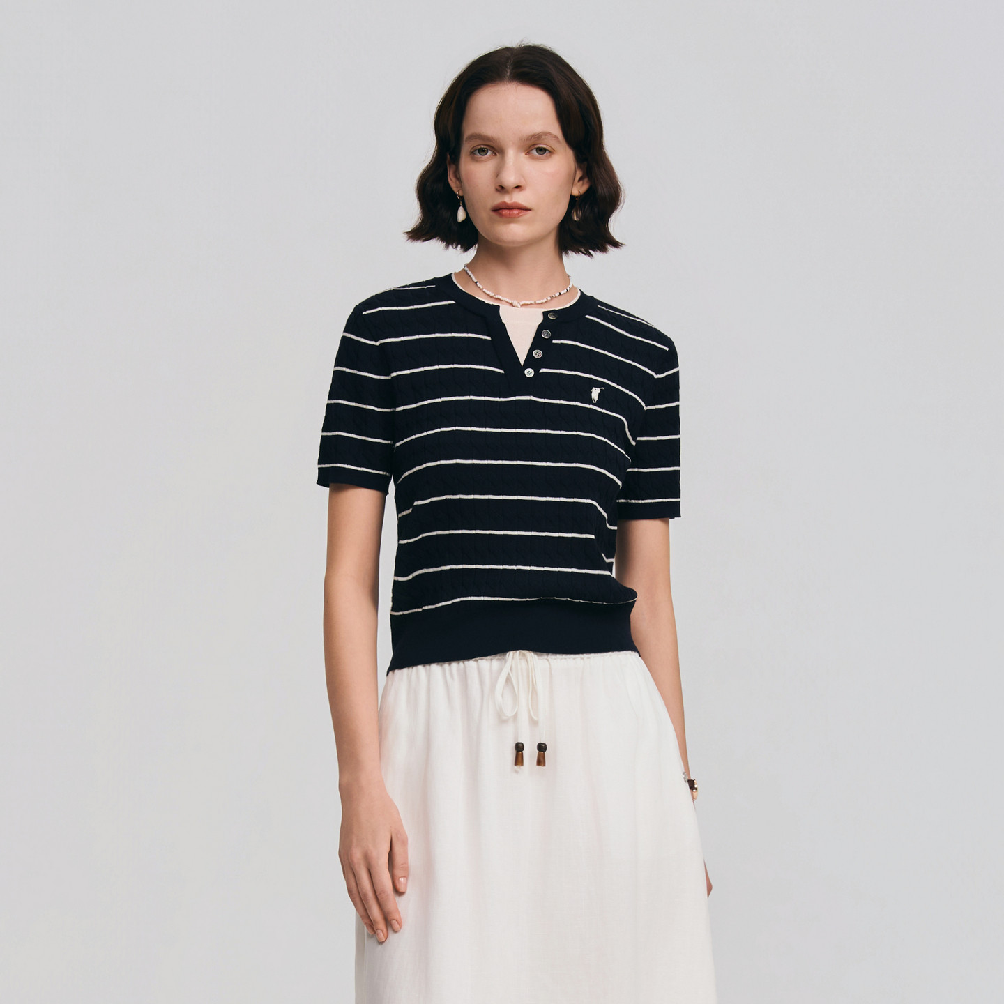 POLOWALK女士短袖针织衫2026春夏新款拼接圆V领条纹休闲百搭T恤