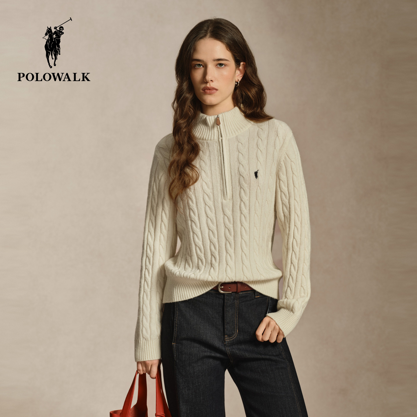 【含绵羊毛】POLOWALK女式羊毛衫2026冬季新品绞花半拉链套头毛衣