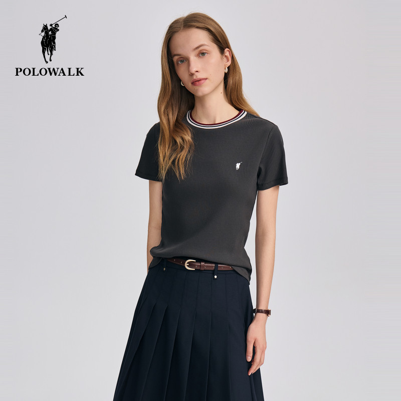 POLOWALK女装2026夏季新款女士短袖圆领T恤简约百搭短袖t恤修身款