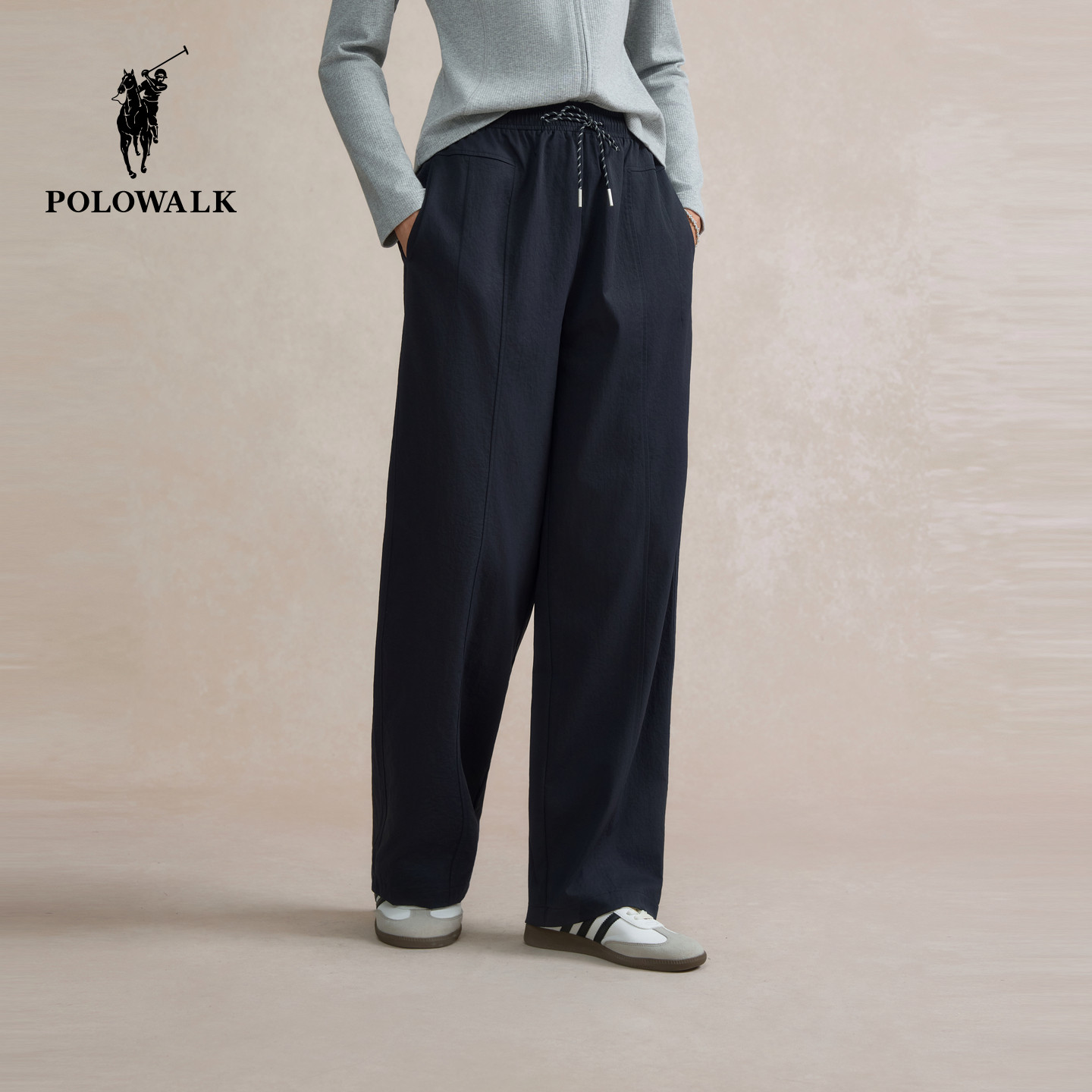 POLOWALK女士休闲裤2025秋冬裤新款松紧腰直筒裤运动风长裤子