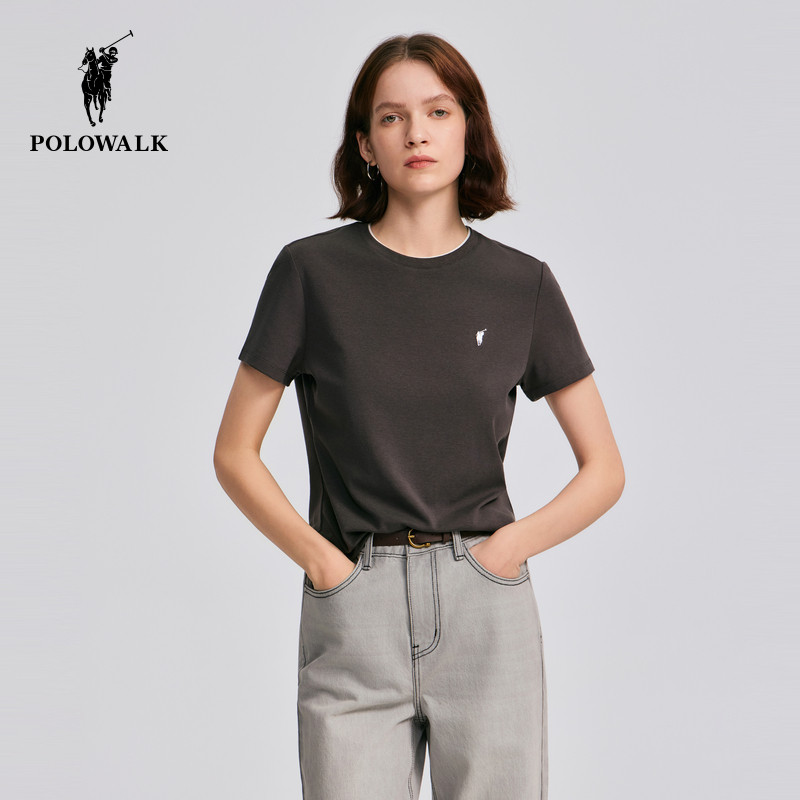POLOWALK女装2026夏季新款女士短袖圆领T恤纯灰色百搭基础t恤女款