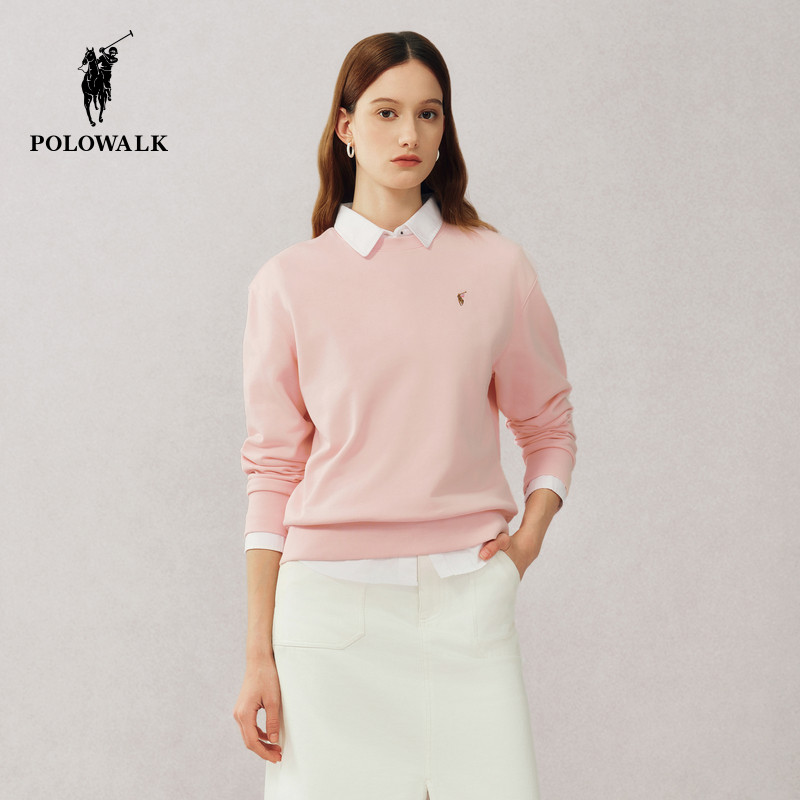 POLOWALK女士卫衣2026春季新款粉色圆领卫衣时尚休闲宽松上衣女款