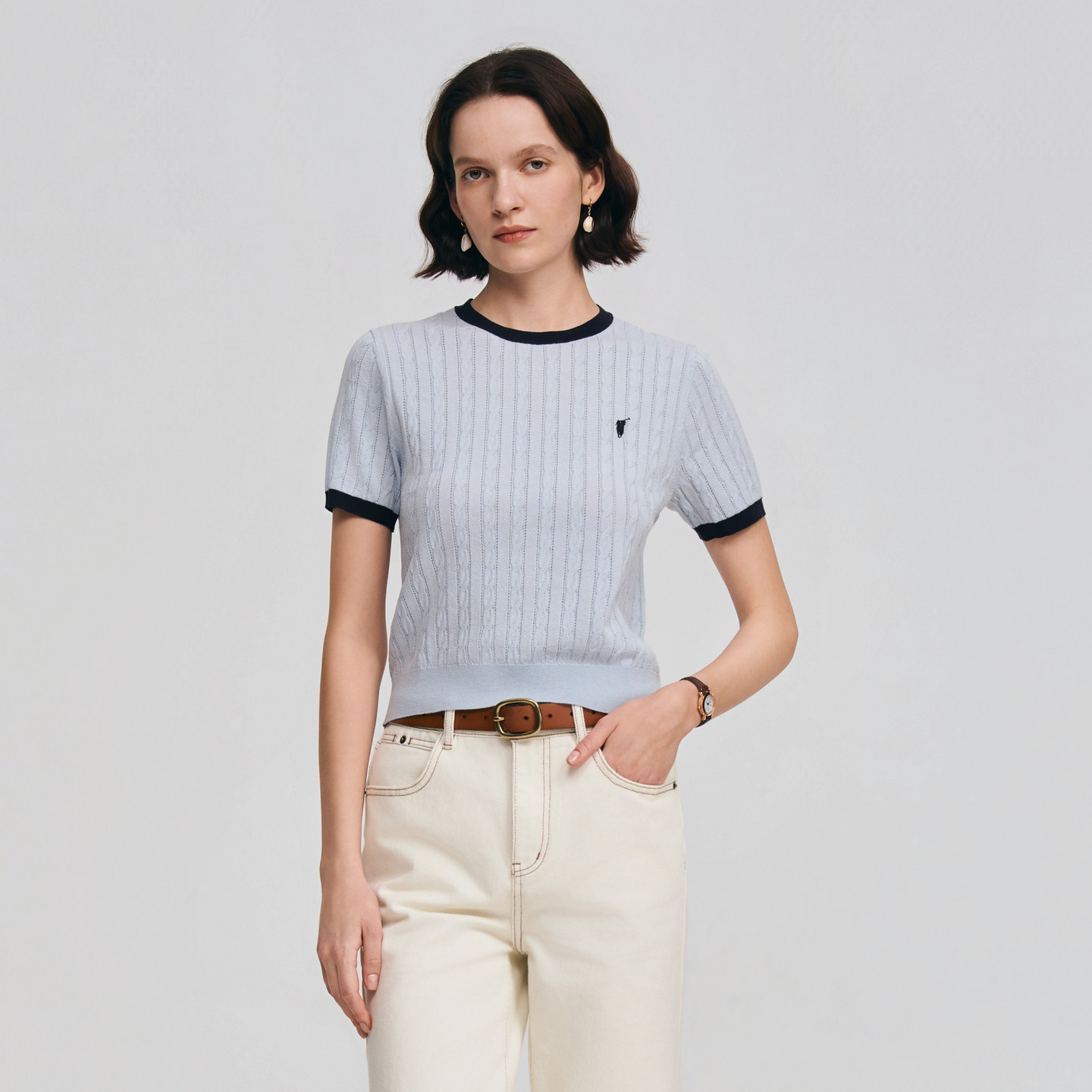 POLOWALK女士短袖针织衫2026春夏新款撞色圆领绞花通勤针织T恤