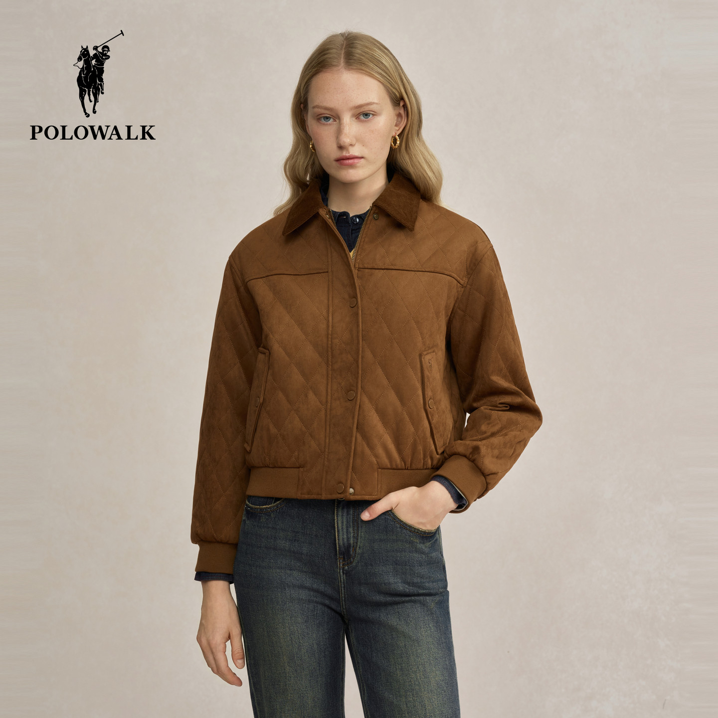 POLOWALK女装2025秋冬新款女士外套复古时尚夹克保暖棉服显瘦上衣
